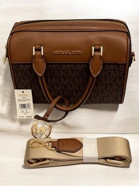 Michael Kors Brown and Tan Logo Dome Satchel with Gold Hardware NWT